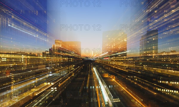 Financial District, Composite image of illuminated financial district at dusk