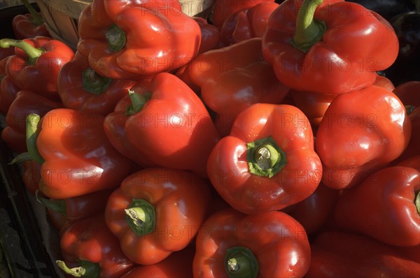 Full frame of red bell peppers