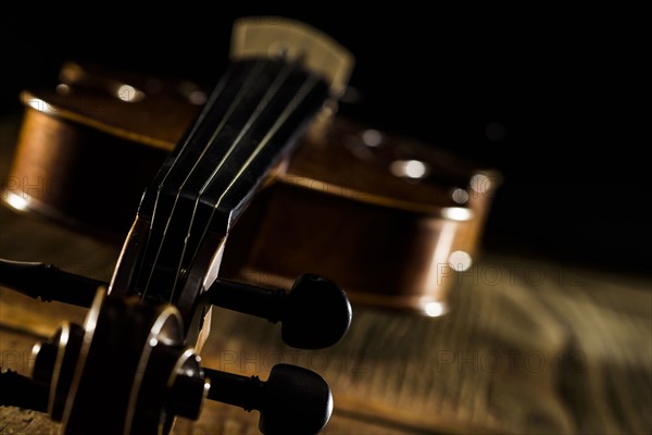 Violin on table.