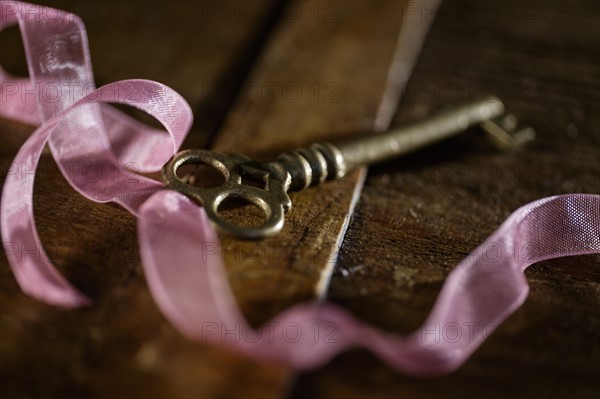 Skeleton key and pink ribbon on table.