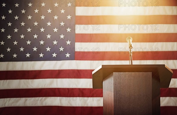 Lectern with American flag in background.