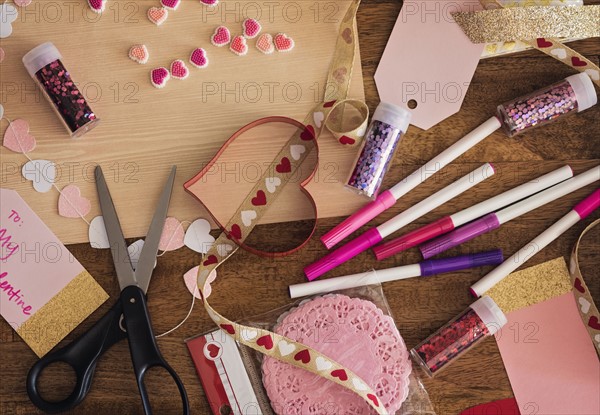 Crafts equipment on wooden table
