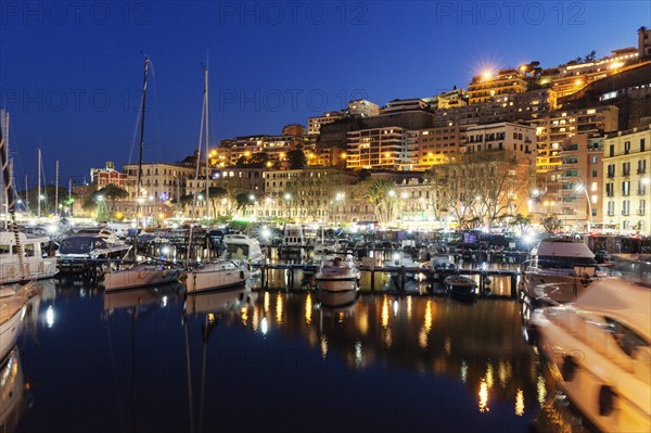 Boats in city marina at night