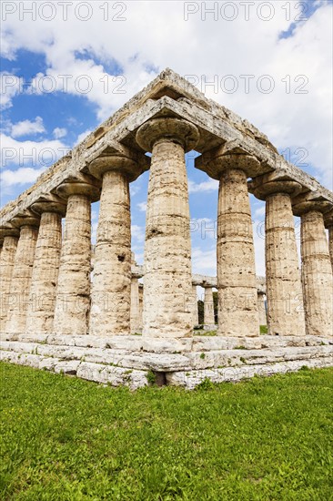 Old architectural columns of Paestum ruins on grass