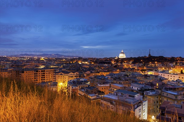 Illuminated St. Peter's Basilica with townscape in foreground at dusk