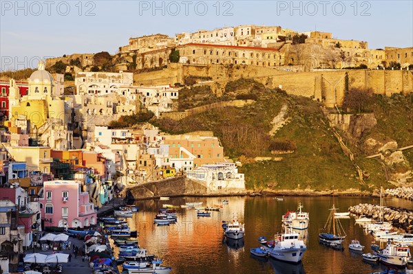 Townscape over Marina Corricella on Procida Island