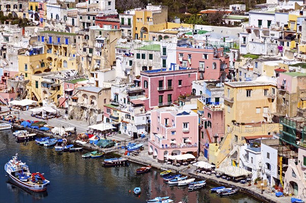 Townscape over Marina Corricella on Procida Island