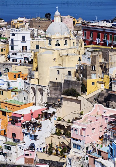 Townscape with church on Marina Corricella on Procida Island