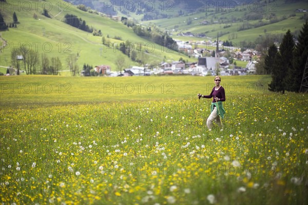 Woman walking with hiking poles in meadow
