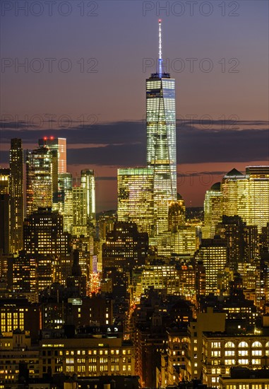 One World Trade Center at dusk. USA, New York, New York City.