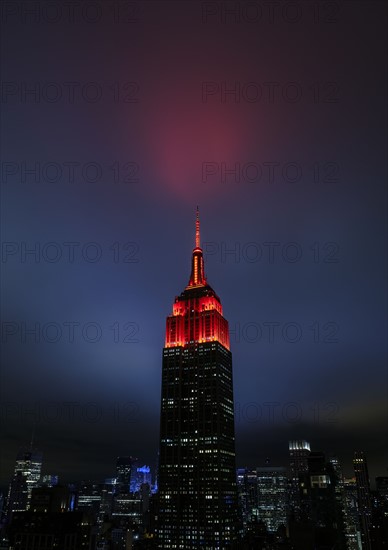 USA, New York State, New York City, Spire of Empire State Building at night. USA, New York, New York City.