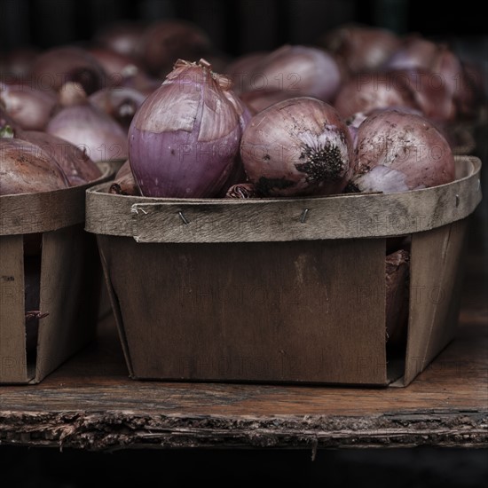 Red onions in containers.