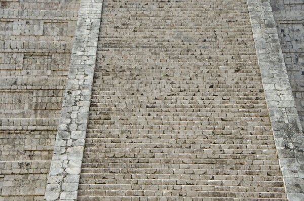 Close-up of stone steps of ancient Mayan pyramid of Kukulkan