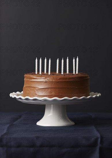 Studio shot of chocolate birthday cake