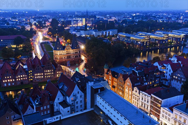 Aerial view of Lubeck with Holstentor Lubeck, Schleswig-Holstein, Germany