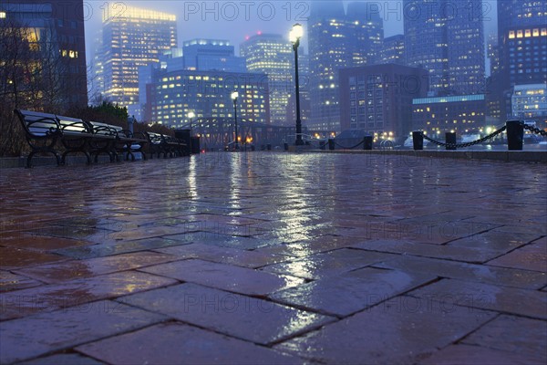 Sidewalk on rainy evening