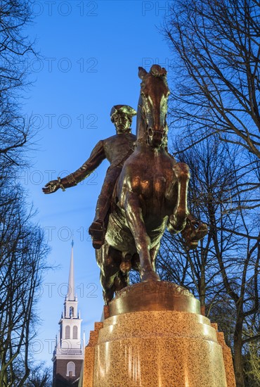 Statue of Paul Reverse on horse and church in background