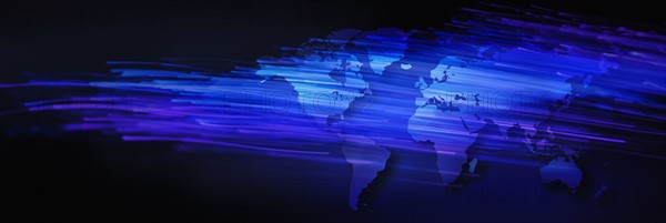 Illustration of fiber optics over world map.