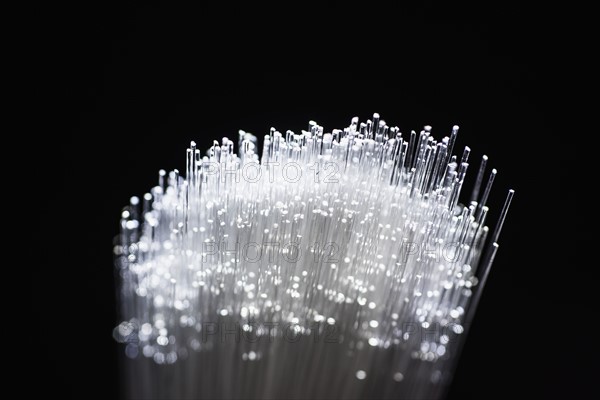 Bunch of glowing fiber optic cables on black background.