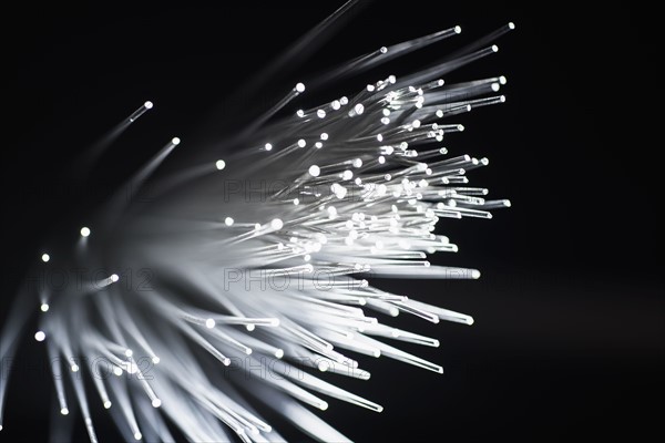 Bunch of glowing fiber optic cables on black background.