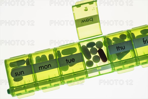 Close-up of weekly pill organizer.