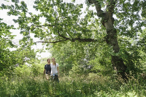 Couple hiking in forest.