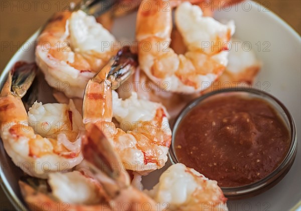 Shrimps and cocktail sauce in bowl