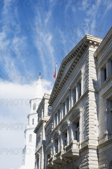 South Carolina, Charleston, Buildings and church in background