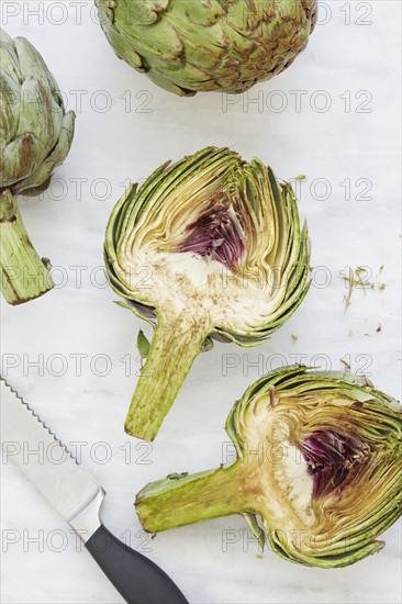 Overhead view of halved artichoke