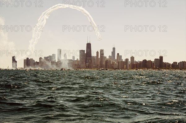 Illinois, Chicago, Lake Michigan and city skyline with skyscrapers