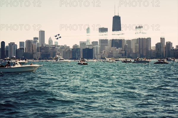 Illinois, Chicago, Air and water show seen from Lake Michigan