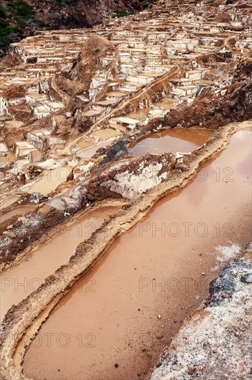 Peru, Cuzco, Sacred Valley, Maras, Aerial view of village with salt pools