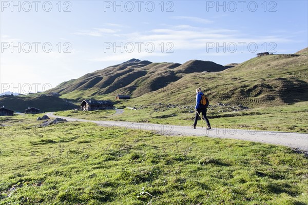 Austria, Salzburger Land, Weissbach, Mature woman hiking on sunny day in mountain landscape