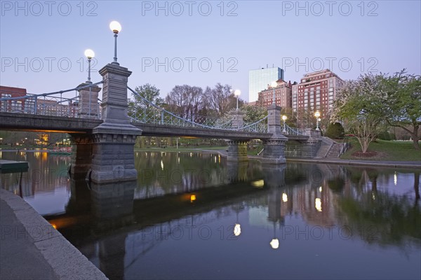 Massachusetts, Boston, Bridge in Boston Public Garden at dawn