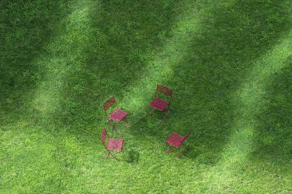 Massachusetts, Boston, High angle view of empty chairs on grass on Rose Kennedy Greenway