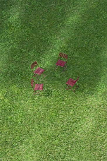 Massachusetts, Boston, High angle view of empty chairs on grass on Rose Kennedy Greenway