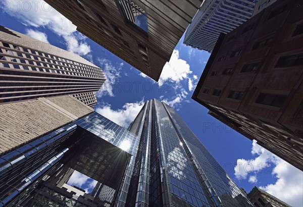 Massachusetts, Boston, Low angle view of office buildings in financial district