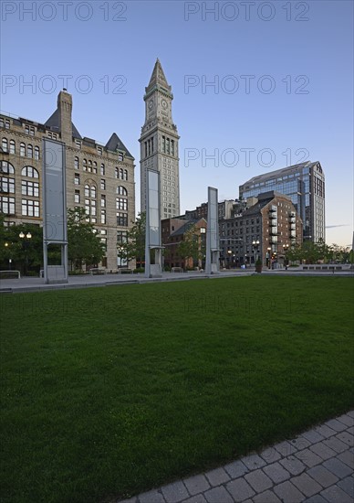 Massachusetts, Boston, Rose Kennedy Greenway and Custom House Clock Tower at dusk