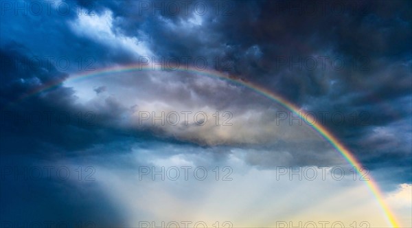 Rainbow against dramatic sky at sunset.