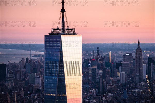 USA, New York State, New York City, One World Trade Center building at sunrise.