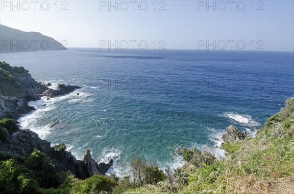 Italy, Liguria, Sestri Levante, Clear sky over sea, view from hill