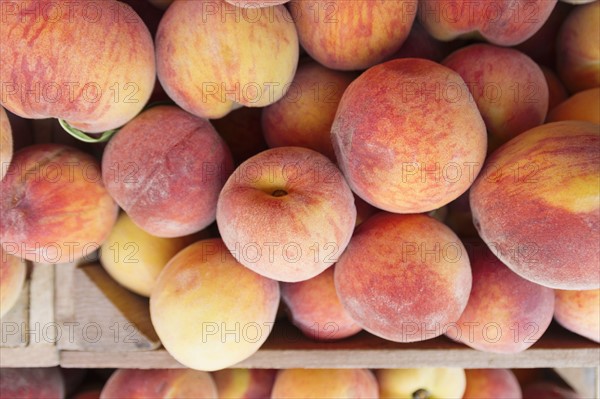 Peaches in wooden crate