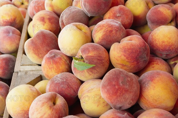 Peaches in wooden crate