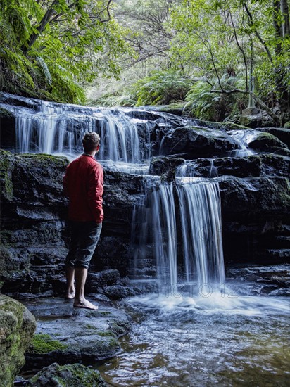 Australia, New South Wales, Katoomba, Man looking at waterfall in Leura Cascade