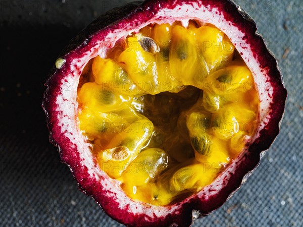 Elevated view of passion fruit cut in half