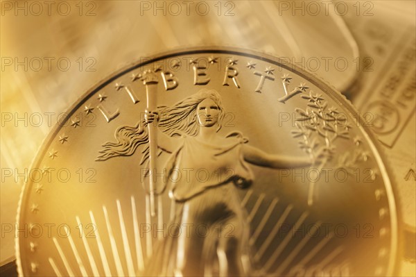 Close-up of gold coins.