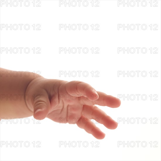 Hand of baby (6-11 months) on white background.