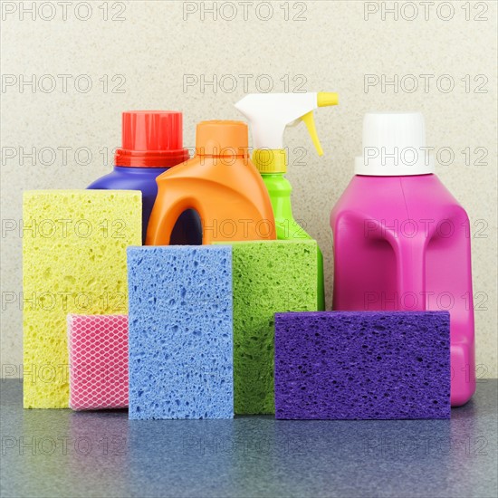 Detergent bottles and sponges.