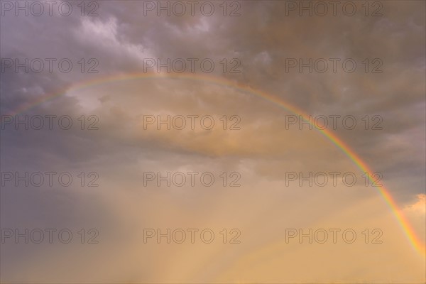 Rainbow against clouds in sunlight.