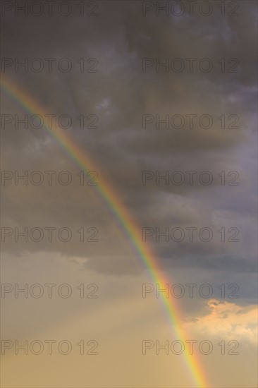 Rainbow against clouds in sunlight.